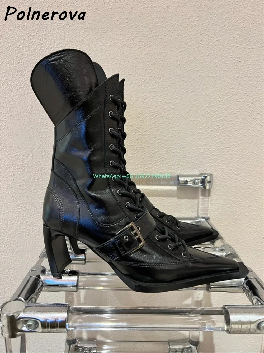 

Black Strange Style Heels Boots Buckle Belt Cross Tied Solid Square Toe Zipper Ankle Boots Women's Genuine Leather Modern Boots