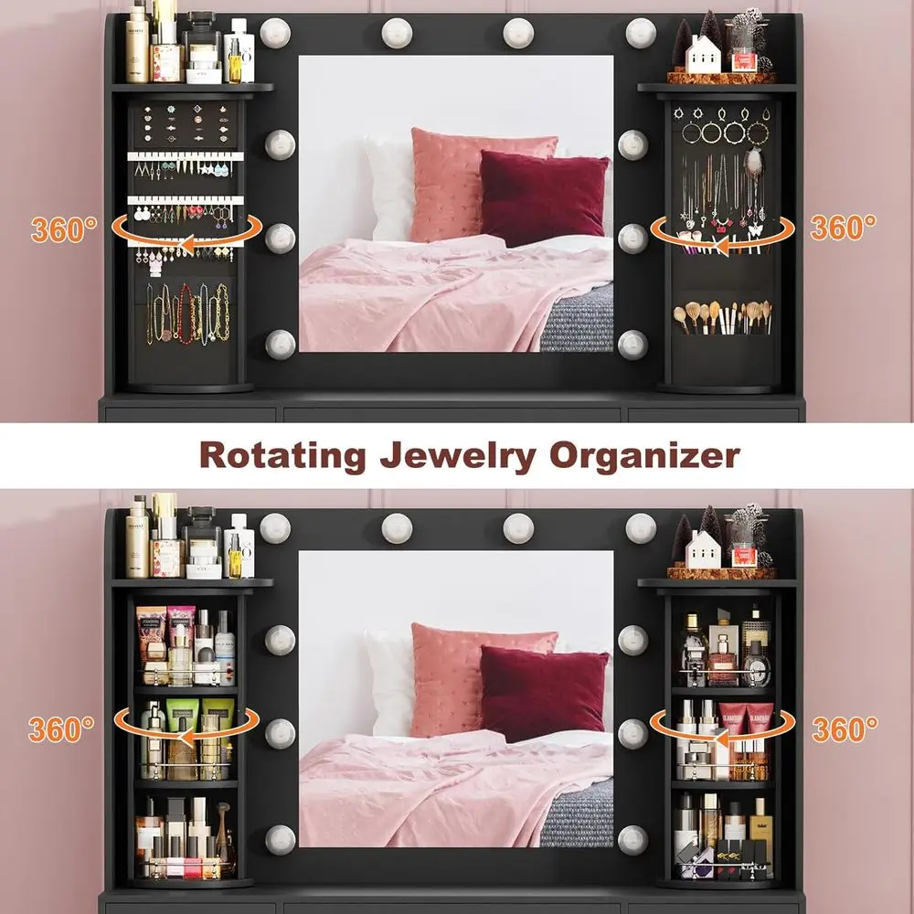 Lighted Makeup Vanity Desk with Storage, Rotating Organizers, USB-C Charging, 3 Drawers & 2 Cabinets, Bedroom & Living Room, Bla image 2