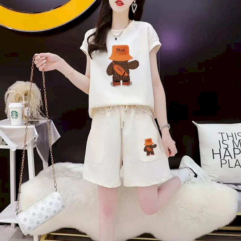 

Shorts Sets Artistic O-Neck Short Sleeve T-shirts and Wide Leg Pants Casual Two Piece Set for Women Loose Patchwork Pants Sets