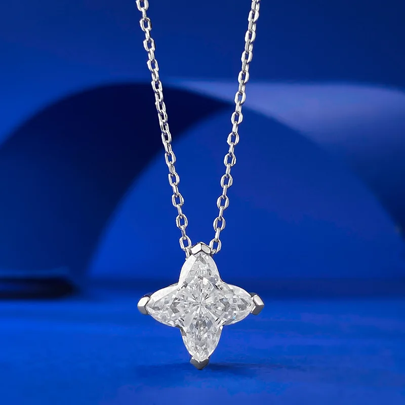 

Four Cornered Star Alien Diamond 925 Silver Necklace for Women's Luxury Light Luxury Clavicle Chain Pendant