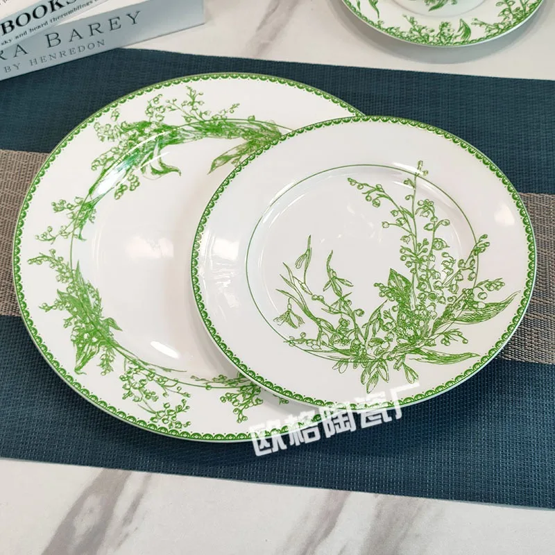 

Fine Bone China Steak Plates Green Hotel Table Setting Elegant Simple Gift Set