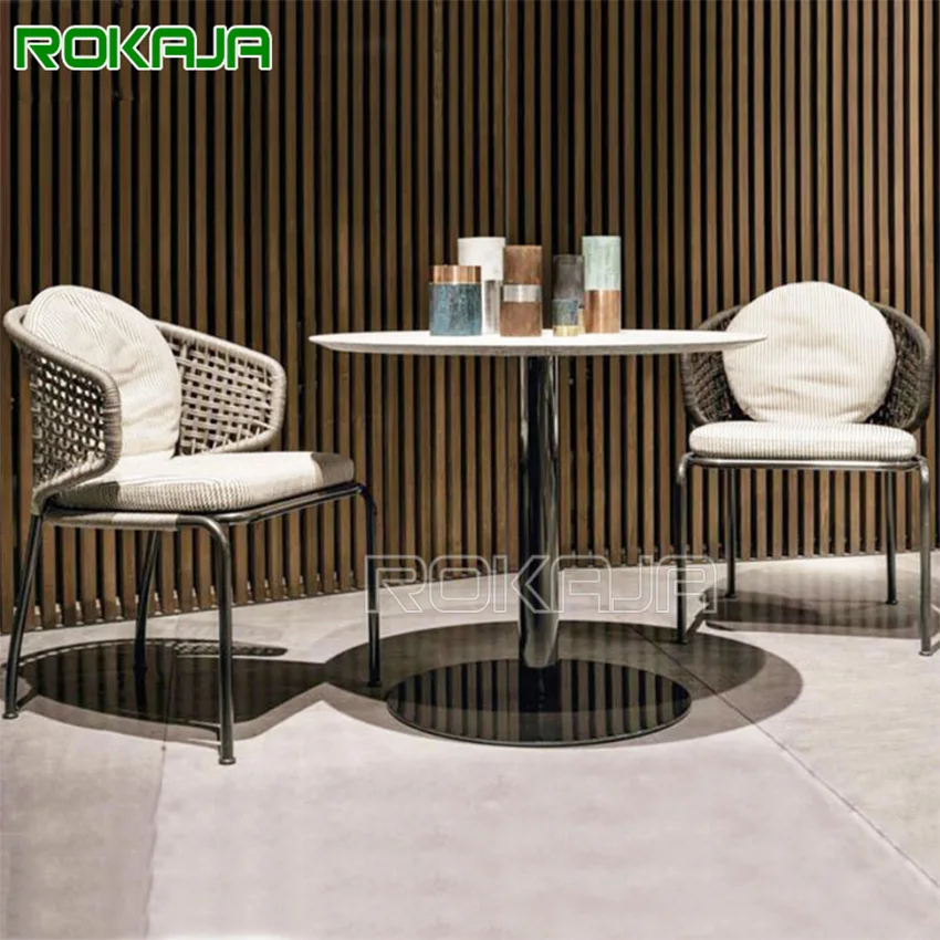

Swimming Pool Garden Patio Balcony Outdoor Marble Table Top Dining Chair Handmade Rattan Dining Chairs With Cushion