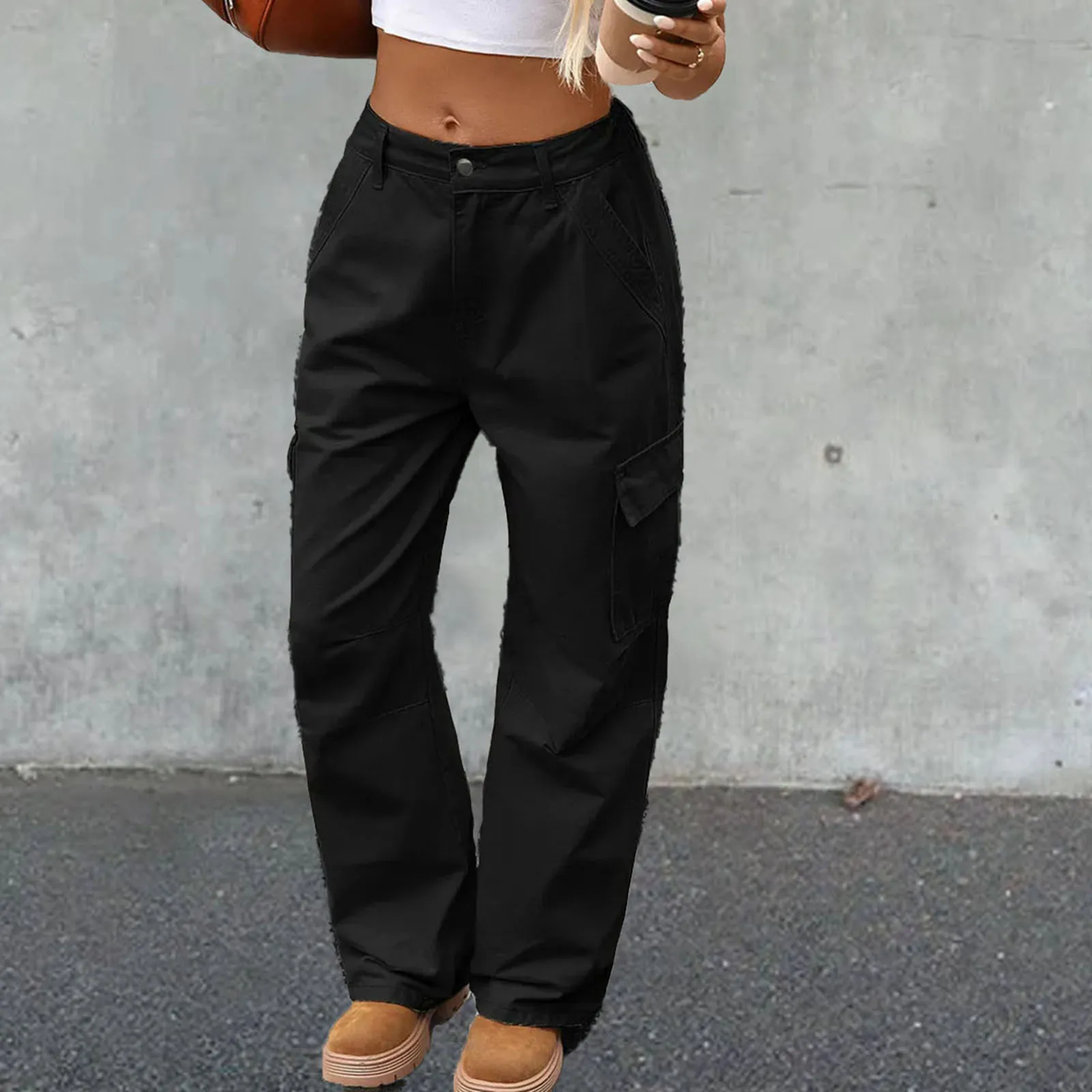 Women's Solid Cargo Denim Pants Lightweight Mid Waist Loose Wide Leg Jeans Trousers
