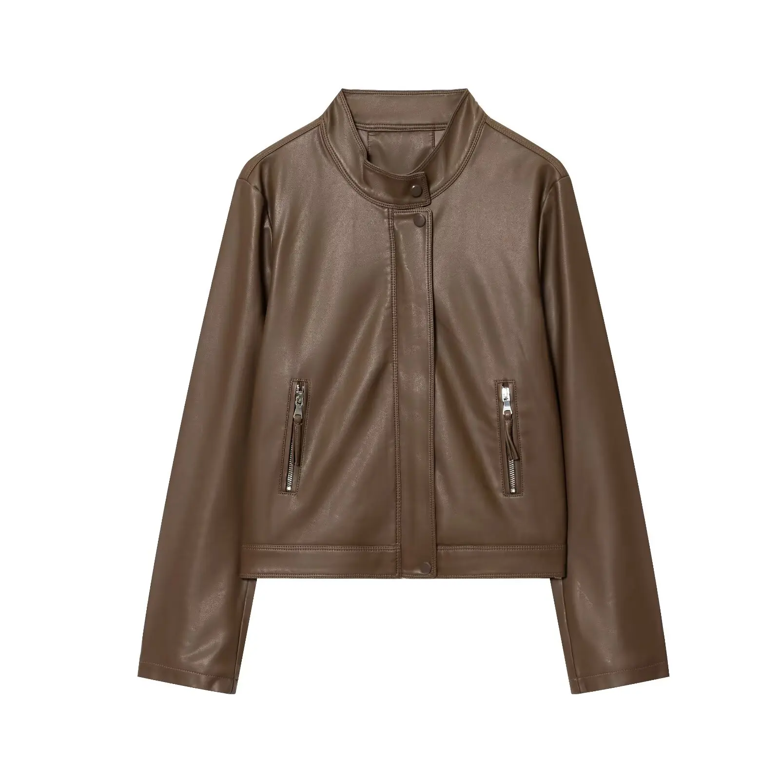 JNLEAOG Dames Faionable Dubbele Rits Stand Kraag Leer Jaet Veelzijdig Ontwerp Herfst Nieuwe Collectie Dames Bovenkleding