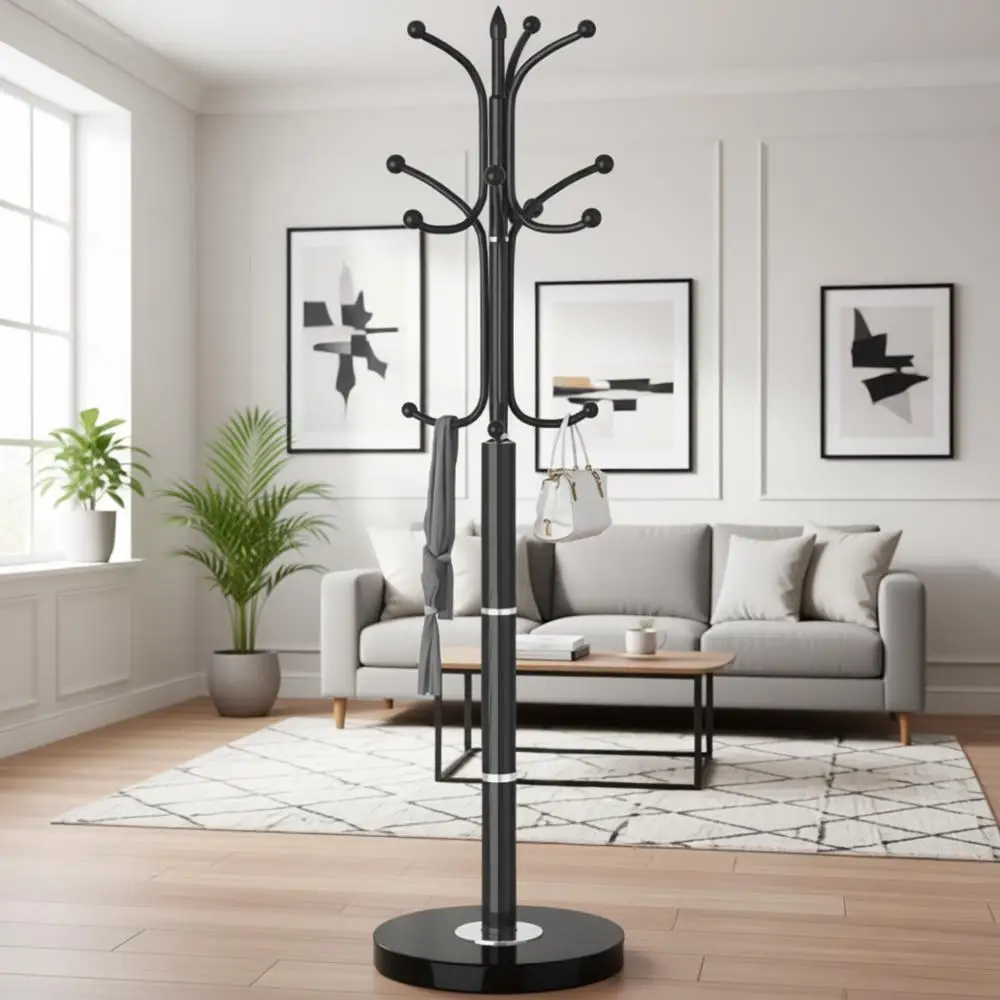 

Elegant Standing Coat Rack with Natural Marble Base, 12-Hook Black Tree Hanger for Entryway, Hallway, or Office
