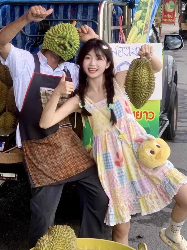 ญี่ปุ่นหวานดอกไม้ชุดกระโปรงผู้หญิงฤดูร้อน Preppy สไตล์เอว A-Line Ruffled ชุดเดรสแขนกุดชายหาด Vestidos