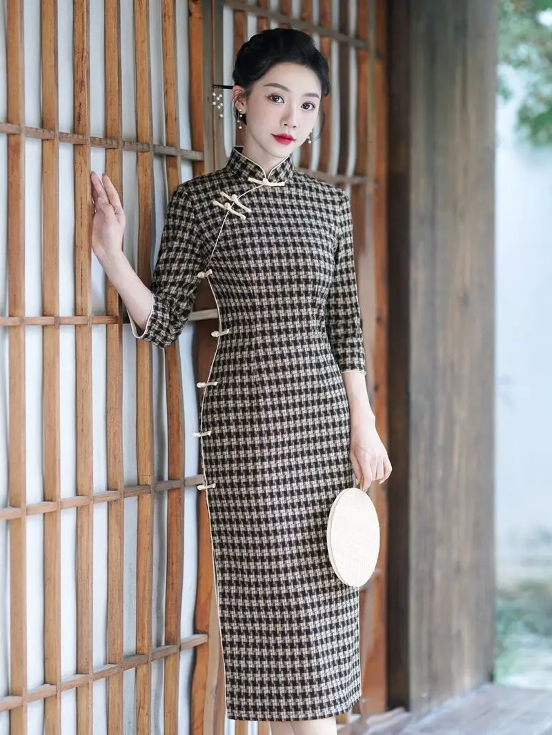 Plaid Printed Cotton Seven Points Sleeve Qipao Chinese Women Handmade Button Cheongsam Elegant Daily Dress