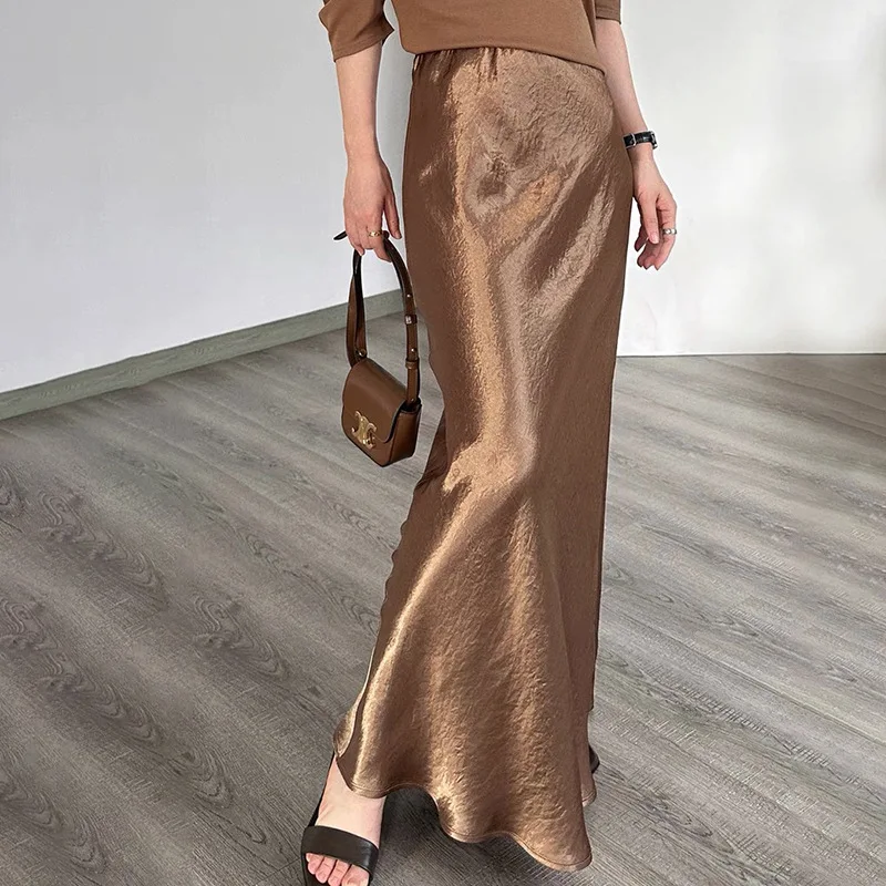 Acetate Silk Long Skirt Summer Trendy Satin Wrinkle Shimmering Versatile Fishtail Faldas French Elegant Oblique Cut Vestidos