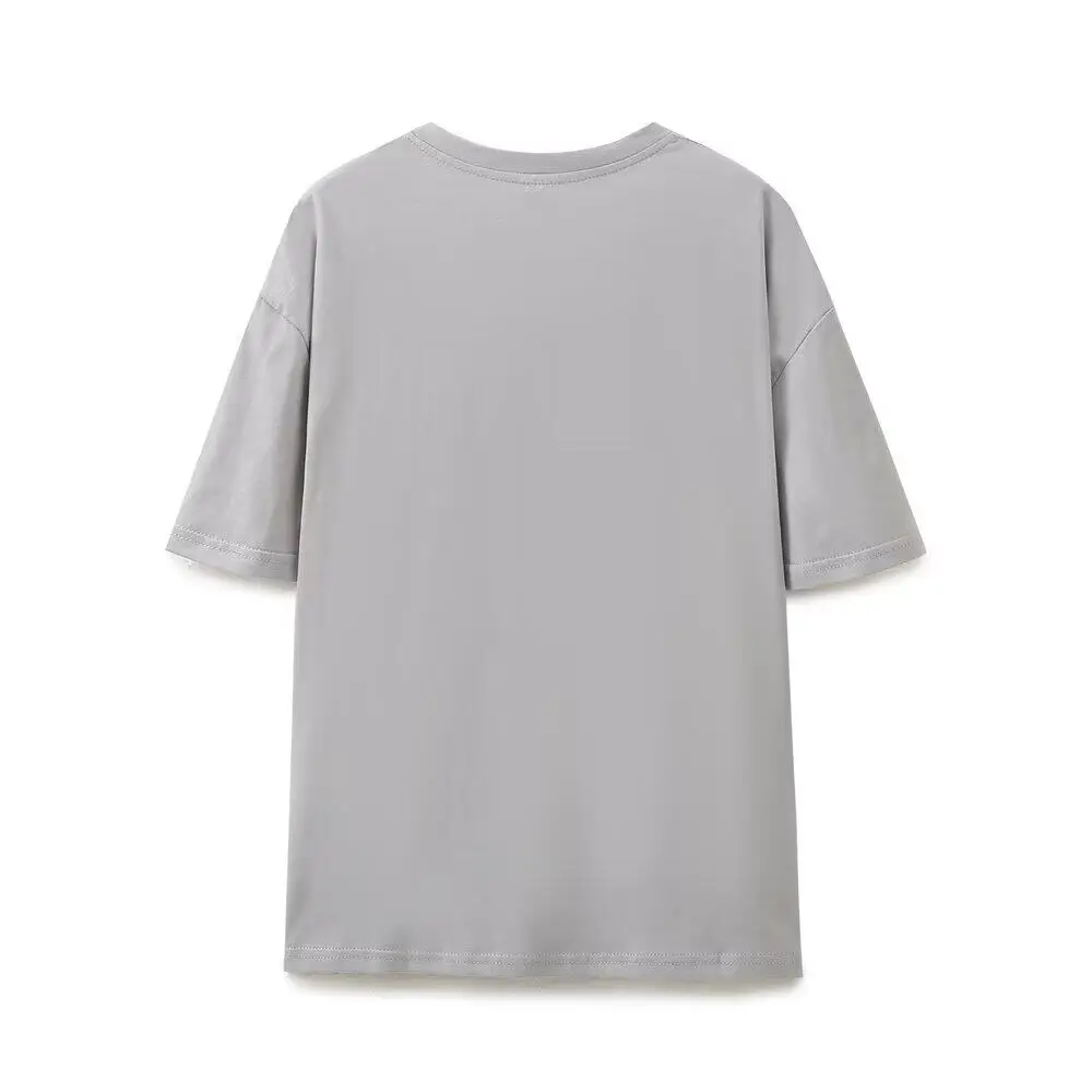 Cartoon Character Gray Women's T-shirt 2026 European Style O-neck Tops Simple Versatile Casual Loose Short Sleeve Pullover