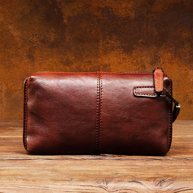 Retro Hand-painted Vegetable Tanned Leather Handbag MEN'S Casual Long Money Baotou Layer Leather Zipper Wallet Clutch Bag Soft