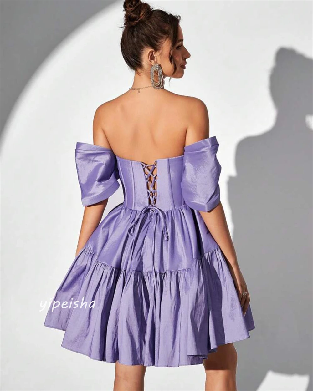 Satin Draped Pleat Ruched Prom A-line Off-the-shoulder Bespoke Occasion Gown Knee Length Dresses