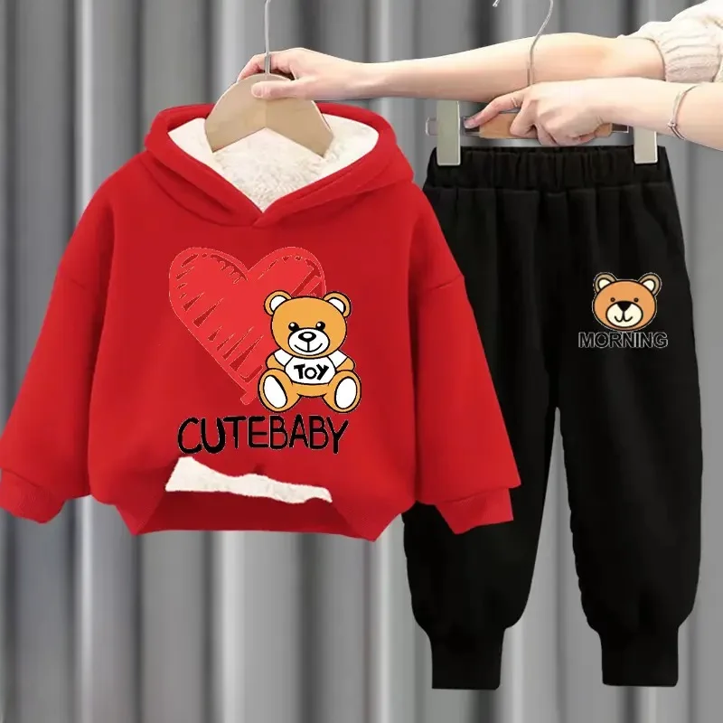 winter Boys Clothes plush warm long sleeve& trousers 2 Pieces Set Teenage Girls & Boys Printed teddy bear hoodies Fashion Casual