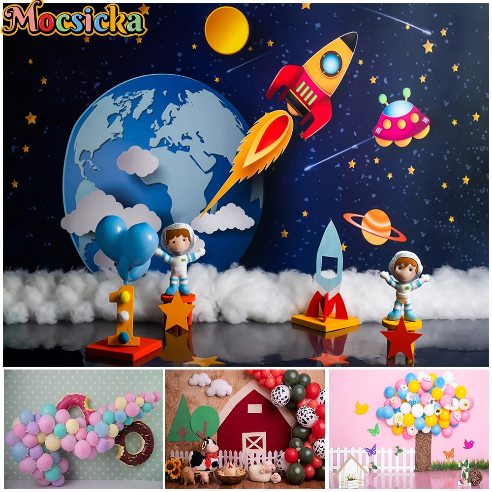 Mocsicka Birthday Backdrop Photography Farm Animal Balloon Decoration Newborn Baby Shower Photo Background Shooting Props Studio