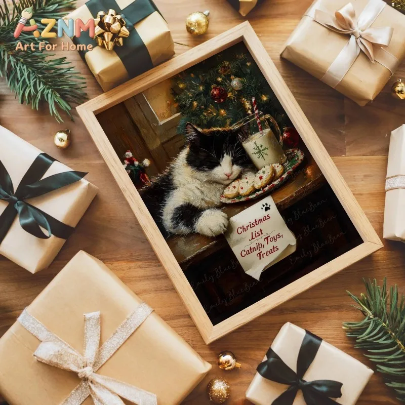 Unframed Canvas Wall Art Cat with Christmas Treats List Print Festive Pet Poster for Living Room Bedroom Xmas Holiday Wall Decor