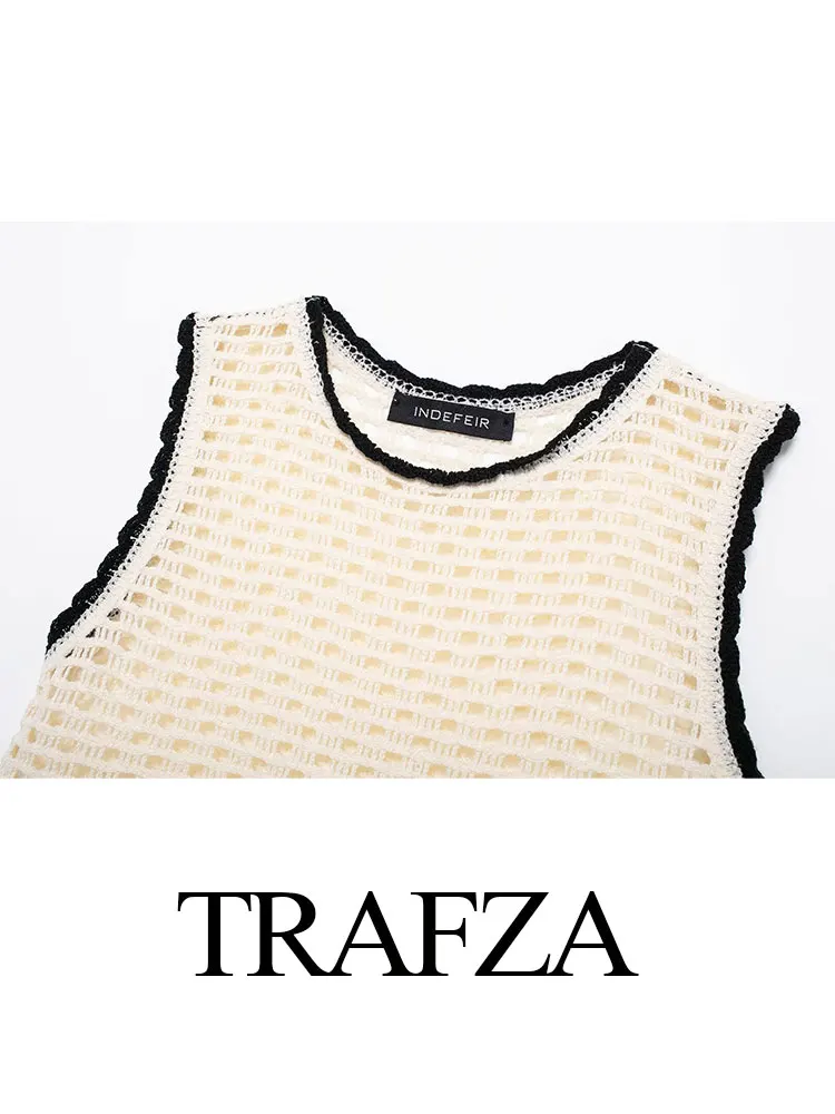 TRAFZA 2024 Summer Women Fashion Trouser Set Knitted New Round Neck Short Vest Top + Streetwear Female Wide Leg Long Pant