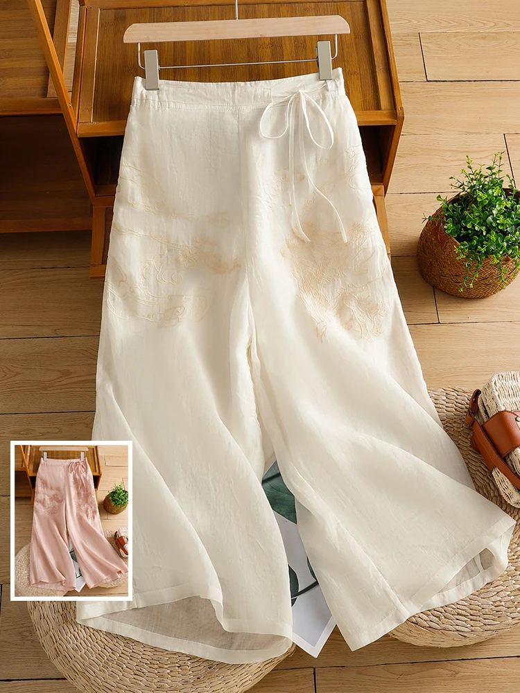 Pantalones de pierna ancha de lino ligeros y transpirables, pantalones informales finos de corte recto bordados para mujer de talla grande de verano