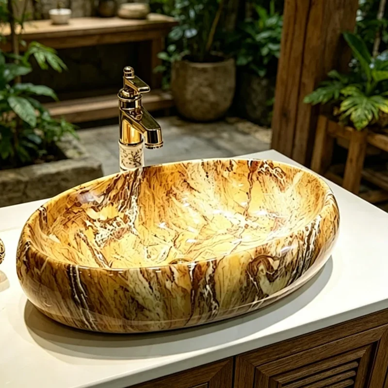 60Cm*40Cm Oval-Shaped Stone-Patterned Ceramic Washbasin, an Ideal Choice for Modern Bathroom Fixtures, Suitable for Changing Rooms, Vanity Tables, Bathrooms, Toilets, and Rvs