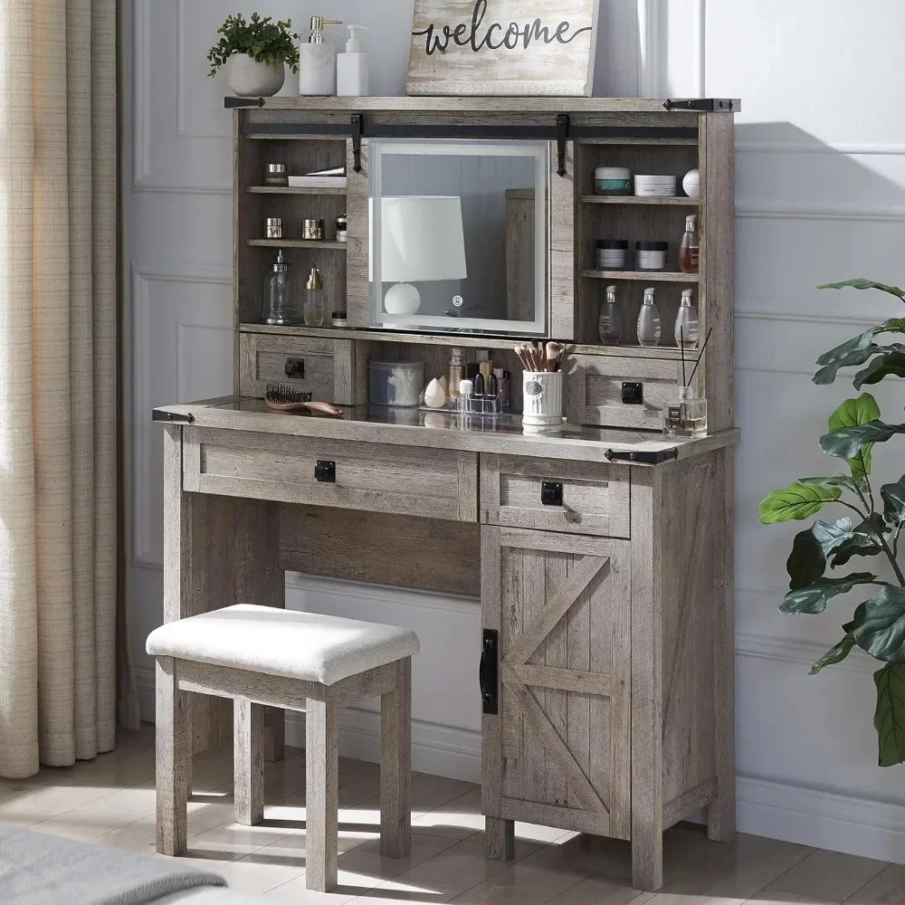 Farmhouse Dressing Table, 42 Inch Glass Countertop Dressing Table with 2 Drawers and Shelves, Including Chairs