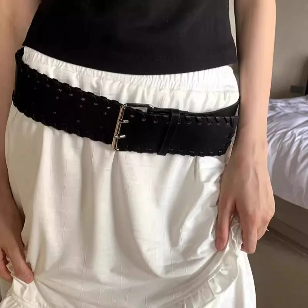 حزام خصر منسوج من جلد البولي يوريثان على الطراز الكوري Harajuku حزام عريض للنساء حزام خصر Y2k حزام رعاة البقر الغربي للنساء