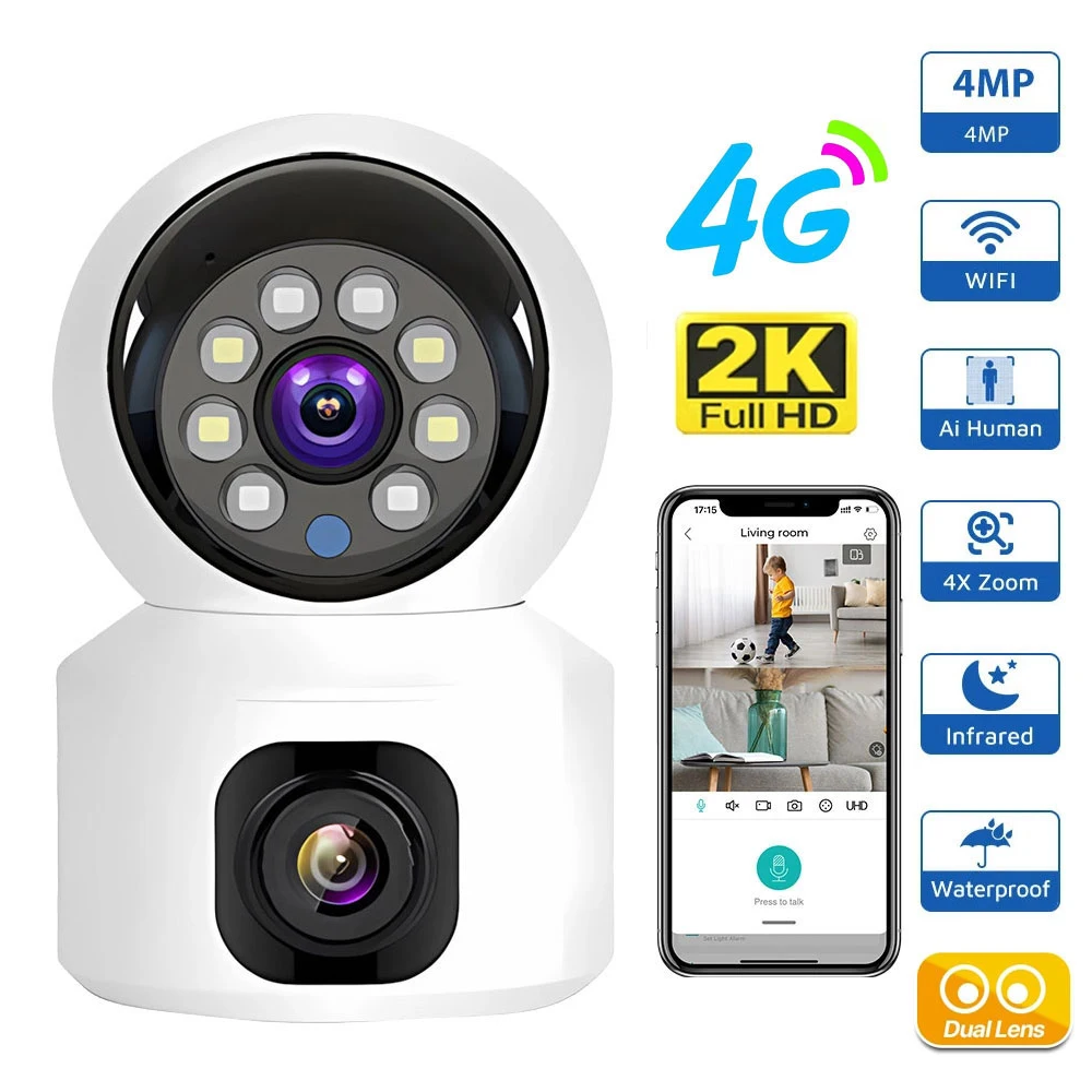 Cámara 4G con tarjeta SIM para interiores, minicámara IP con lente Dual, 2K, 4MP, WIFI, inalámbrica, de seguridad, visión nocturna, videovigilancia V380 Pro