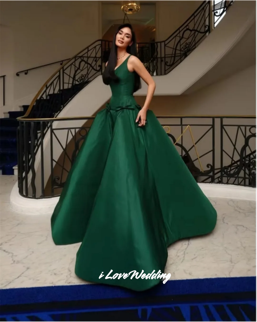 Emerald Green Satin Prom Dress Square Neck Sleeveless Corset Ball Gown Floor-Length Formal Evening Gown Wedding Guest Customized view 2