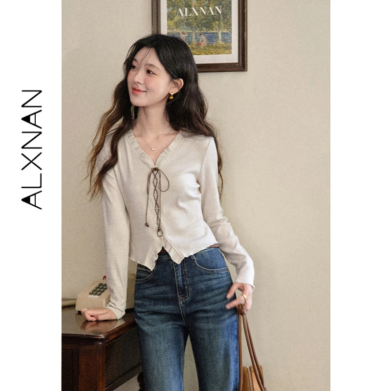 ALXNAN Women's Apricot Knitted Sweater Autumn New Ruffle Trim V-neck Drawstring Tie Commute Leisure Versatile Pullovers L569157