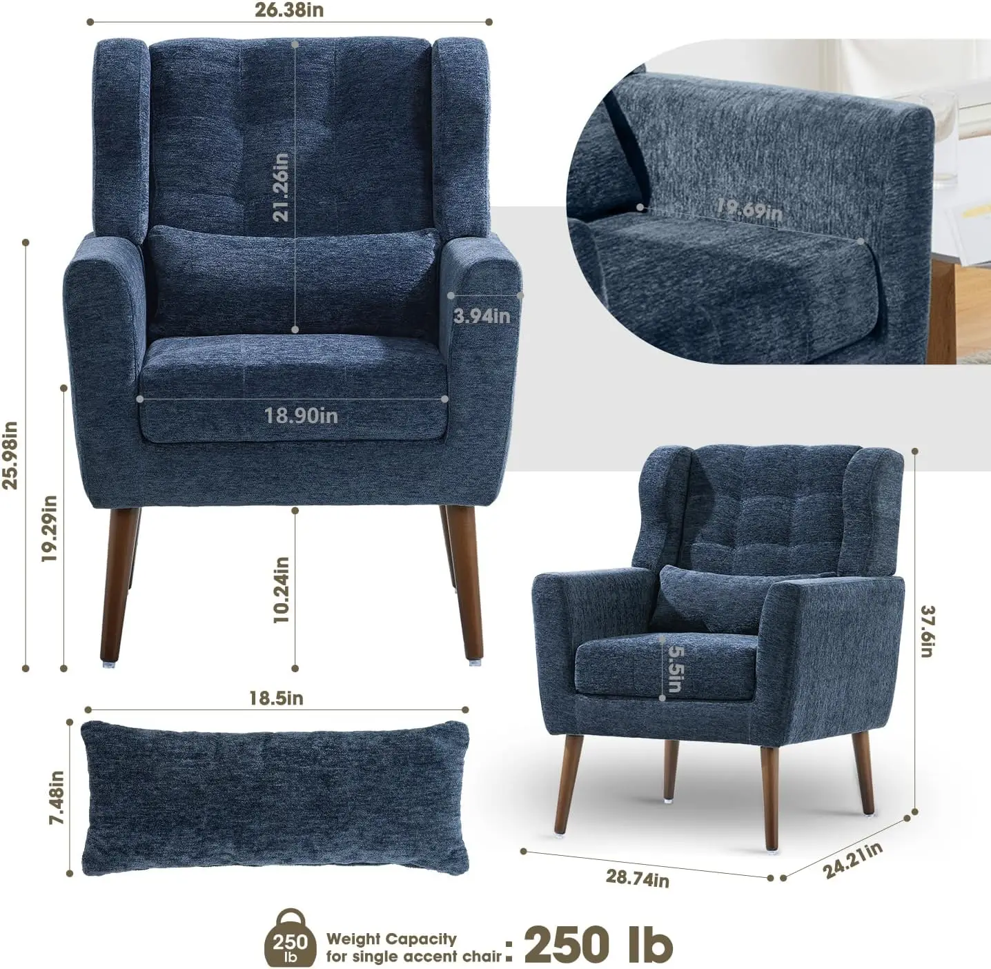 Accent Chairs Set of 2 for Living Room Chenille Upholstered Mordern Armchair Comfy Soft Padded Pillow Solid Wood Leg Blue