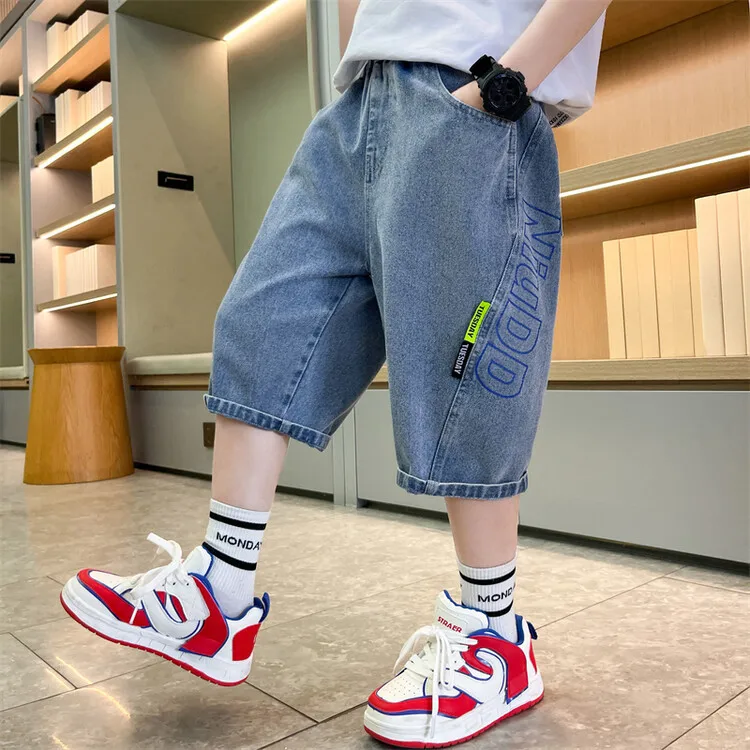 Boy's Shorts New Casual Solid Color Cotton Thin Denim Ffabric Children Short Jeans Clothing for Boy 5 7 9 11 13 14Years Old