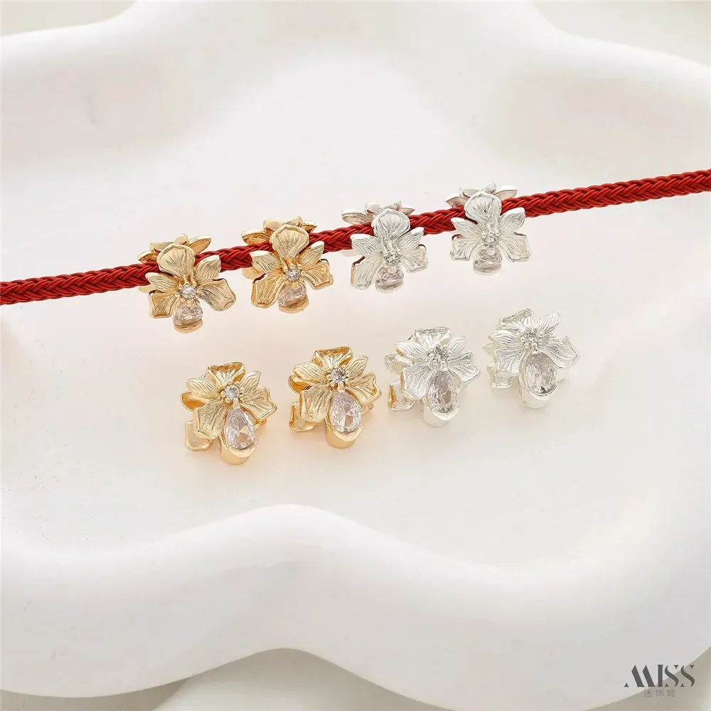 14K Bag Gold Inlaid Zircon Double-sided Flower Large Hole Bead Diy Braided Rope Hand Beaded Bracelet String Jewelry Accessories