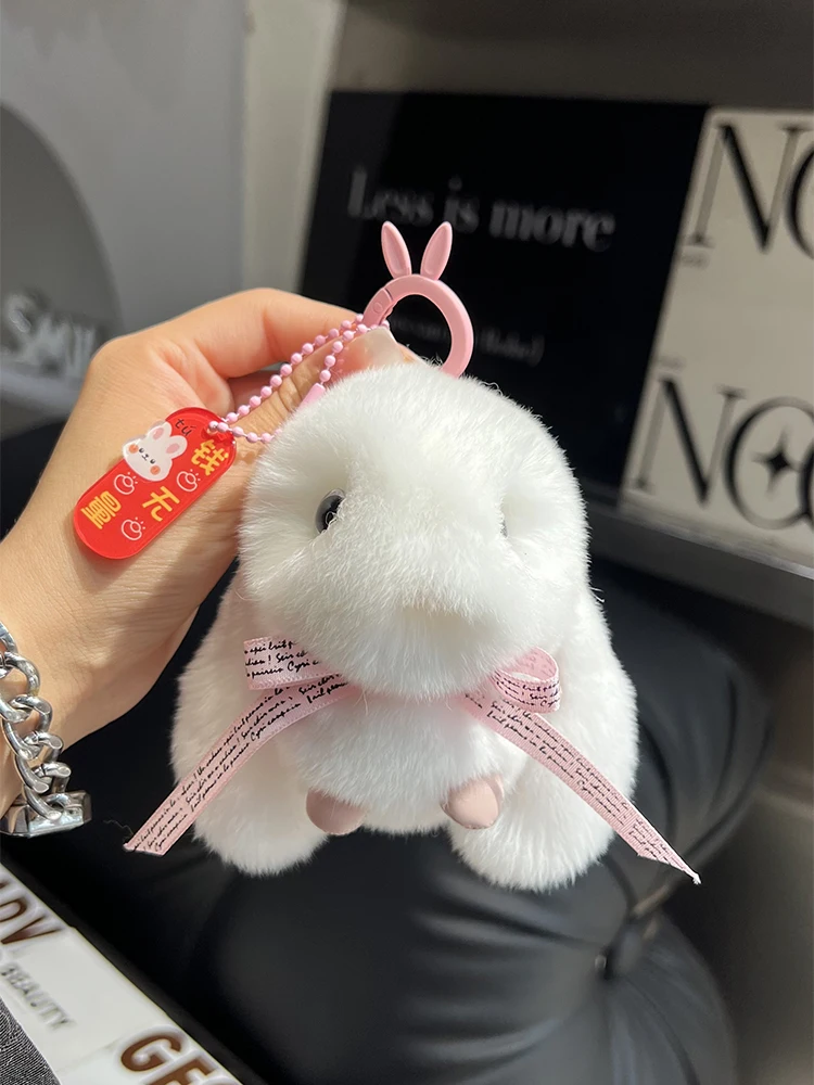 Soft Cute Bunny Real Rex Rabbit Fur Key Chains Girls Plush Toy Women Bag Charm Ornaments Car Keyring Pendant Trinkets Sweet Gift