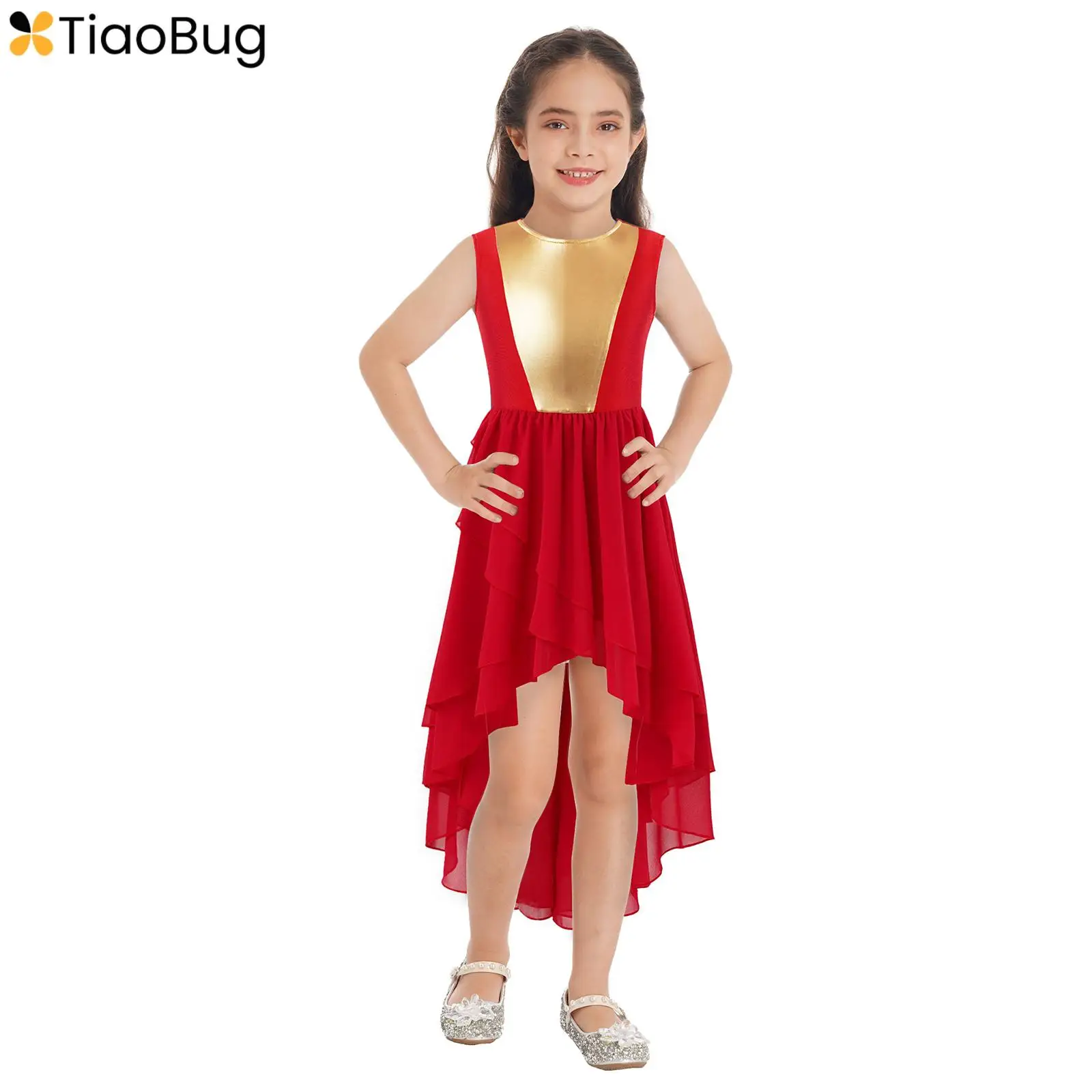 

Kids Girls Praise Ballet Dance Dress Worship Liturgical Celebration Costume Asymmetrical Sleeveless Church Robe Dancewear