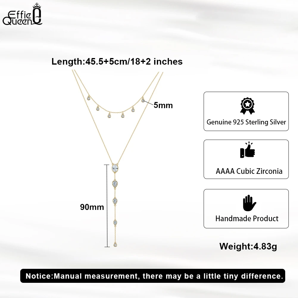 EFFIE QUEEN Dainty Zircon Y-Shaped Pendant Necklace Trendy Layered CZ Beaded Choker Long Chain 925 Sterling Silver Jewelry BQN16