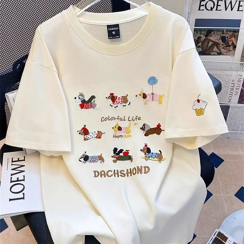 Summer 2025 New Fashion Chic Short Sleeve Top Pullovers Women Puppy Embroidery Loose O-neck Casual T-shirt