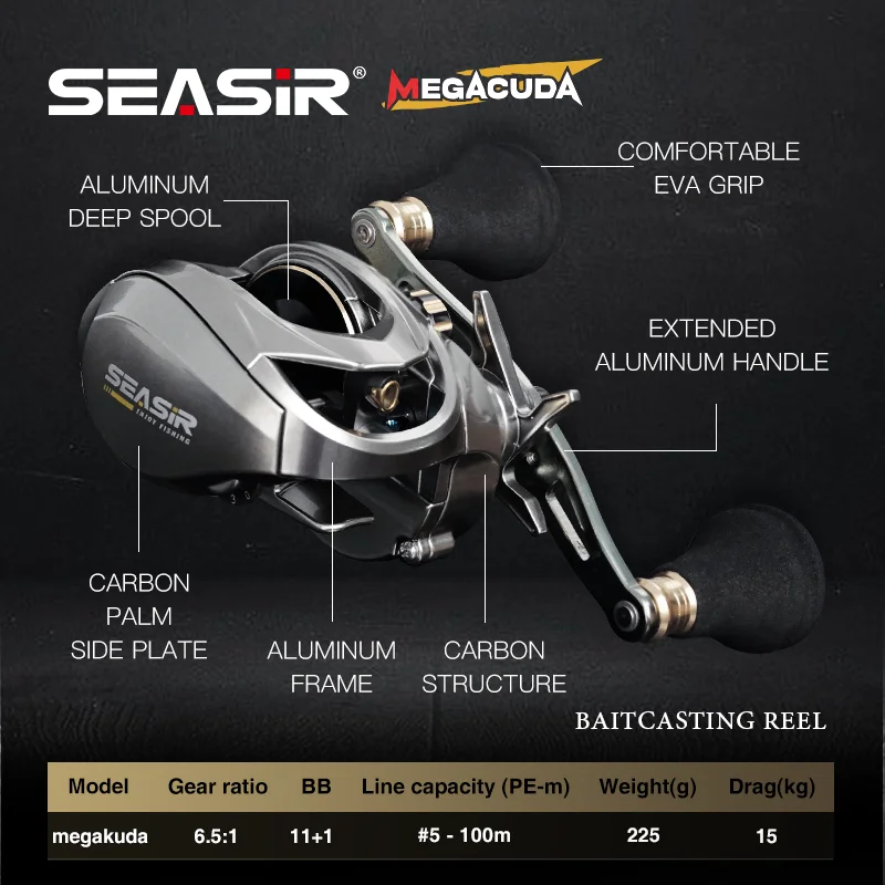 Seasir Megacuda Baitcasting Reel Drag 15KG Deep Spool 6.5:1 Aluminum Frame Carbon Side Double Handle Jigging Metal Reel Seawater