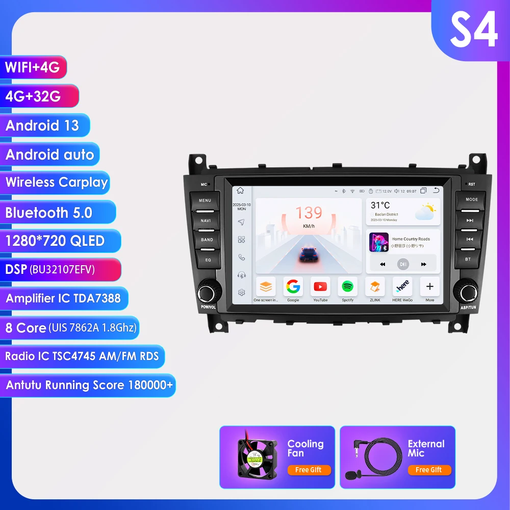 Hizpo 8-Zoll-Android-All-in-One-Autoradio für Mercedes Benz C-Klasse W203/CLC W203 CLK W209 Multimedia Autoradio Stereo Carplay