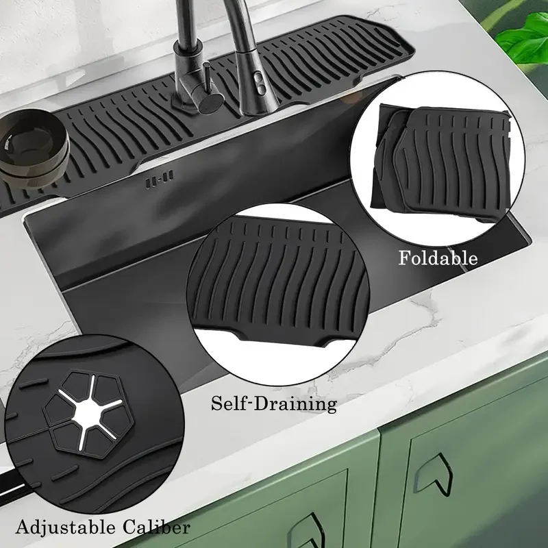 حصيرة تجفيف الأطباق المصنوعة من السيليكون كبيرة جدًا - غير قابلة للانزلاق، قابلة للطي، واقي رذاذ الماء، سهلة التنظيف، موفرة للمساحة، واقي من رذاذ حوض المطبخ
