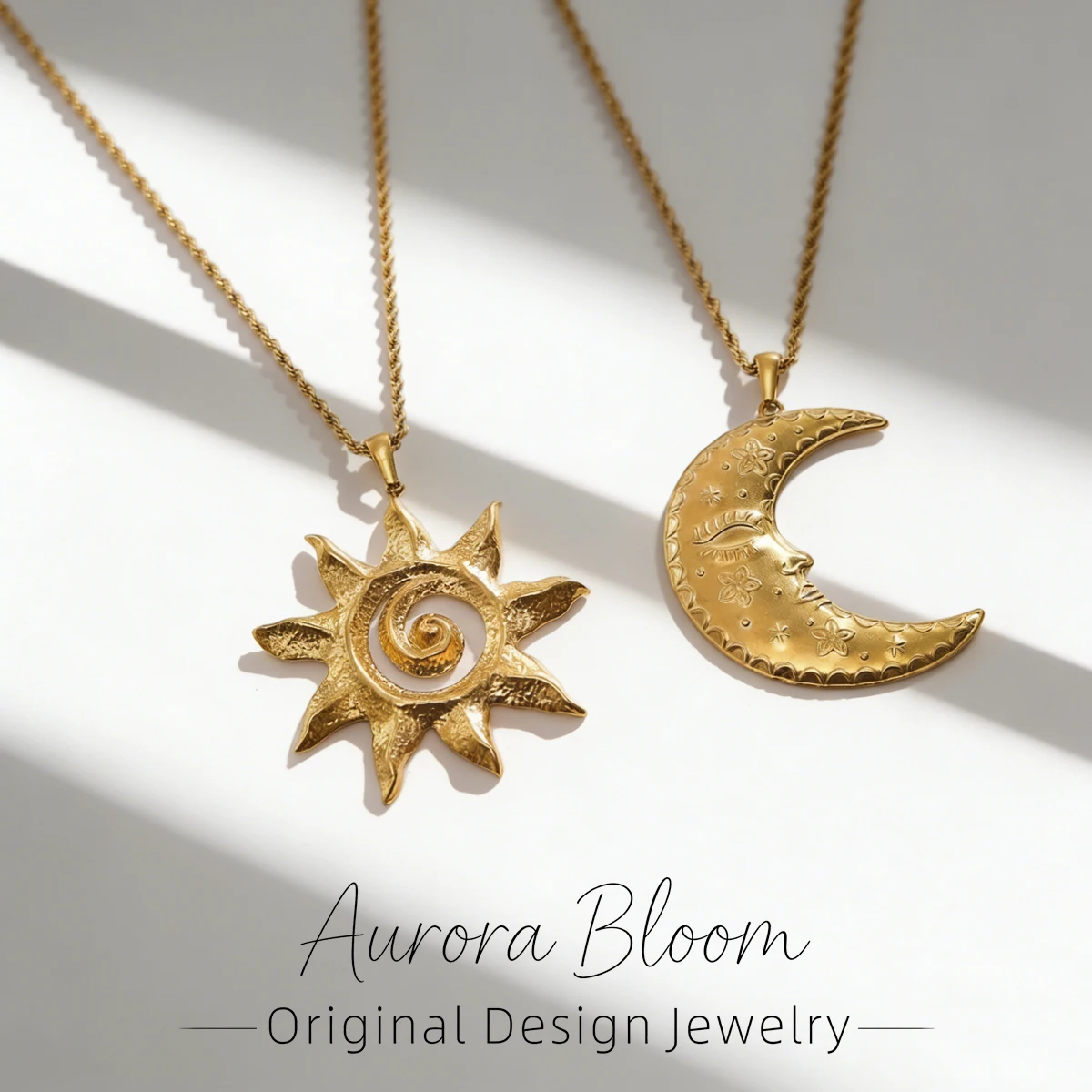AURORA Stainless Steel Large Size Sun & Moon Pendant Necklaces For Women Vintage Jewelry Decoration 18K Gold Women's Necklaces