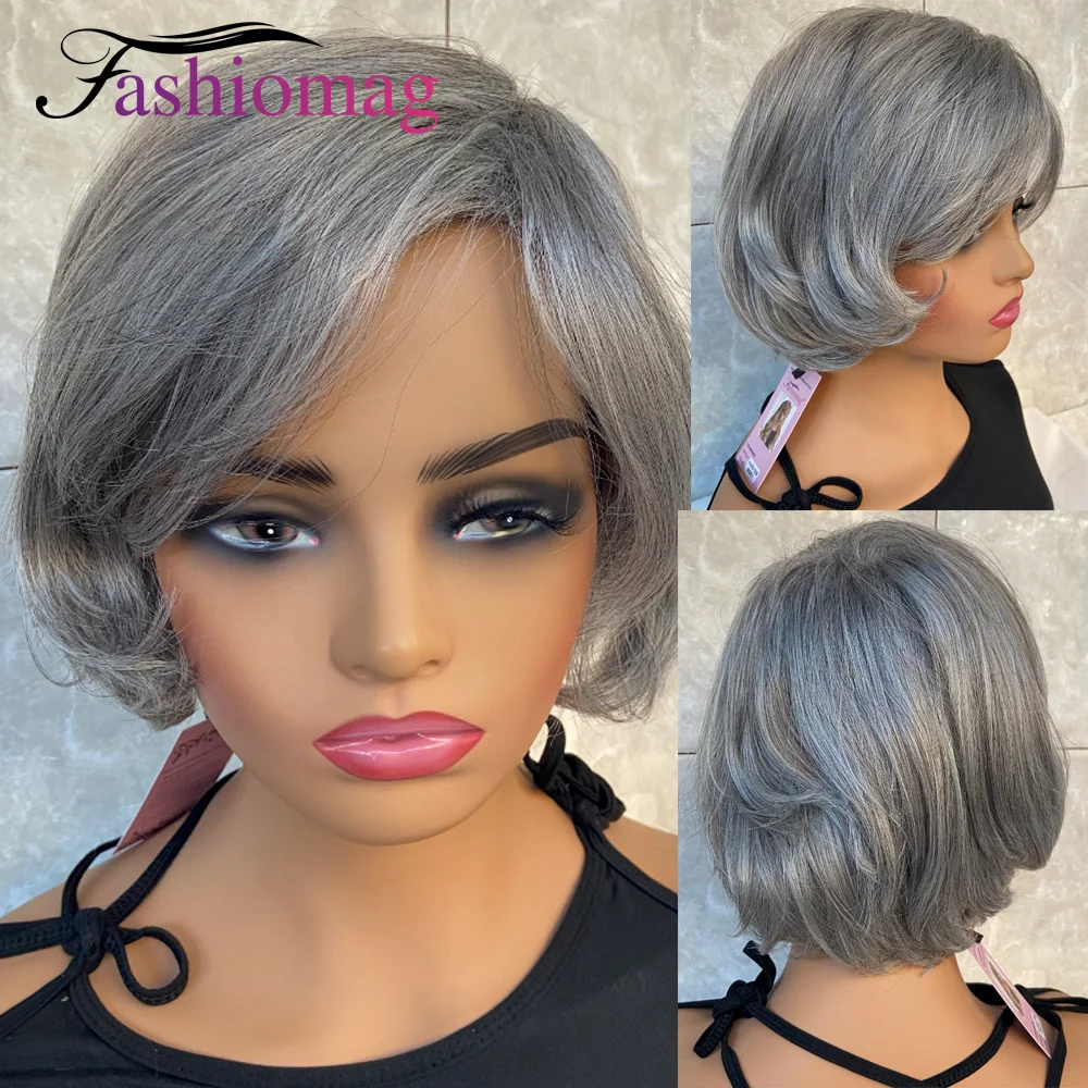 Fashiomag Short Straight Bob Gray Silver Mix Grandma Synthetic Hair Wigs Women Soft Natural Daily Use