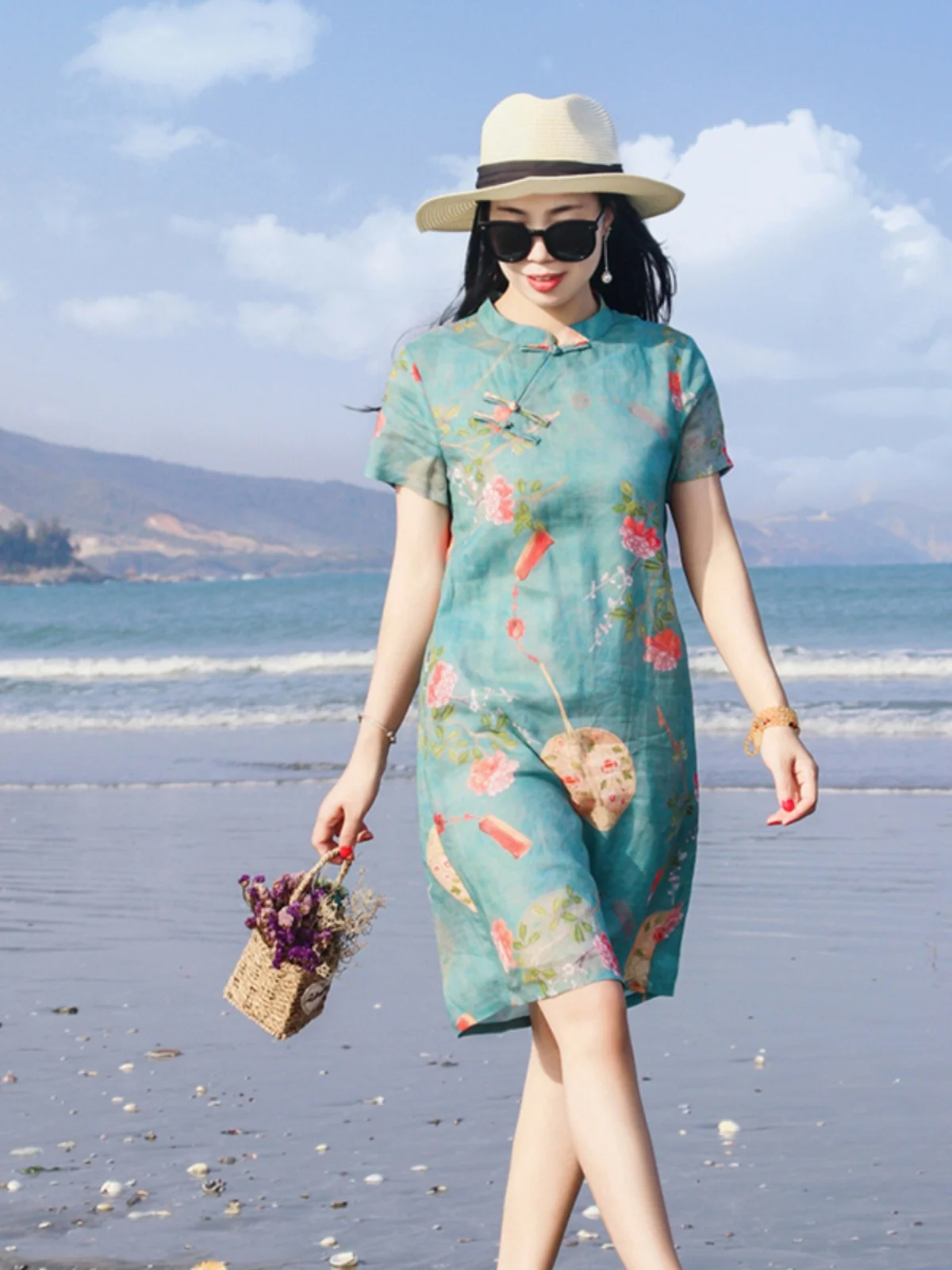 

Short Printed Dress Women's Loose plus Size Chinese Style Straight Cut Cotton Linen Dress Ethnic Flavored Straight ...