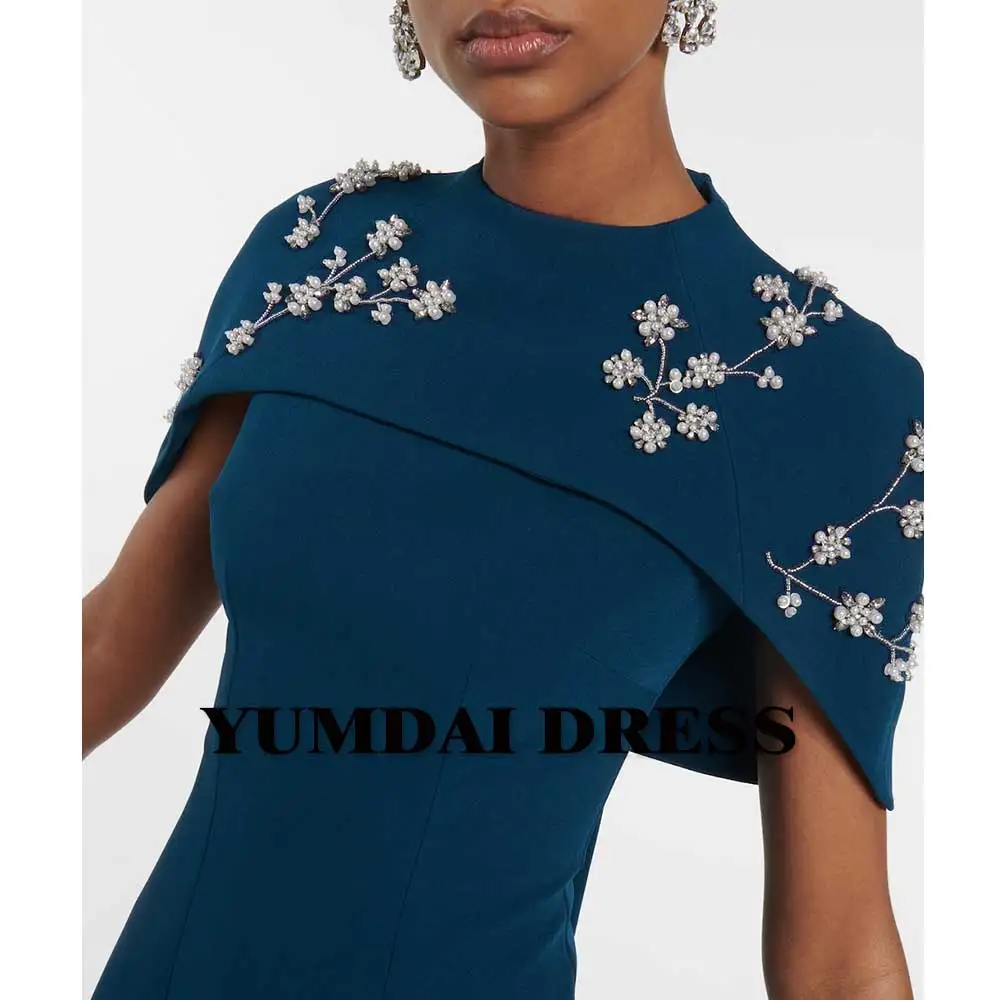 YUMDAI Gorgeous Smock Cape Evening Dress Lake Blue Arabian Crepe Ball Gown Ladies Fall Long Mom Dress Occasion Formal Dress