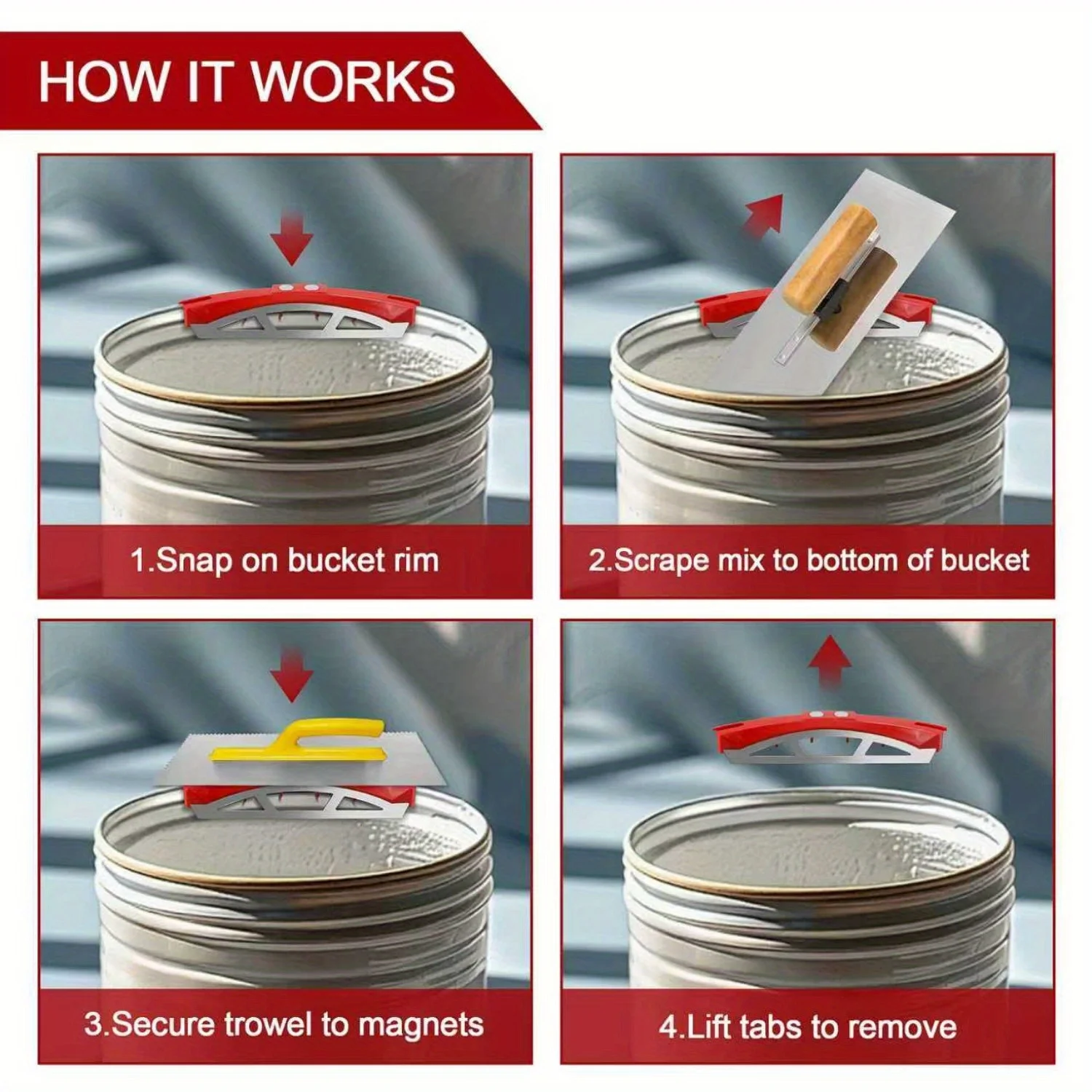 Picture 5: Universal 5-gallon bucket scraper, suitable for tile work. The stainless steel edge helps retain wet mixtures and reduce waste,