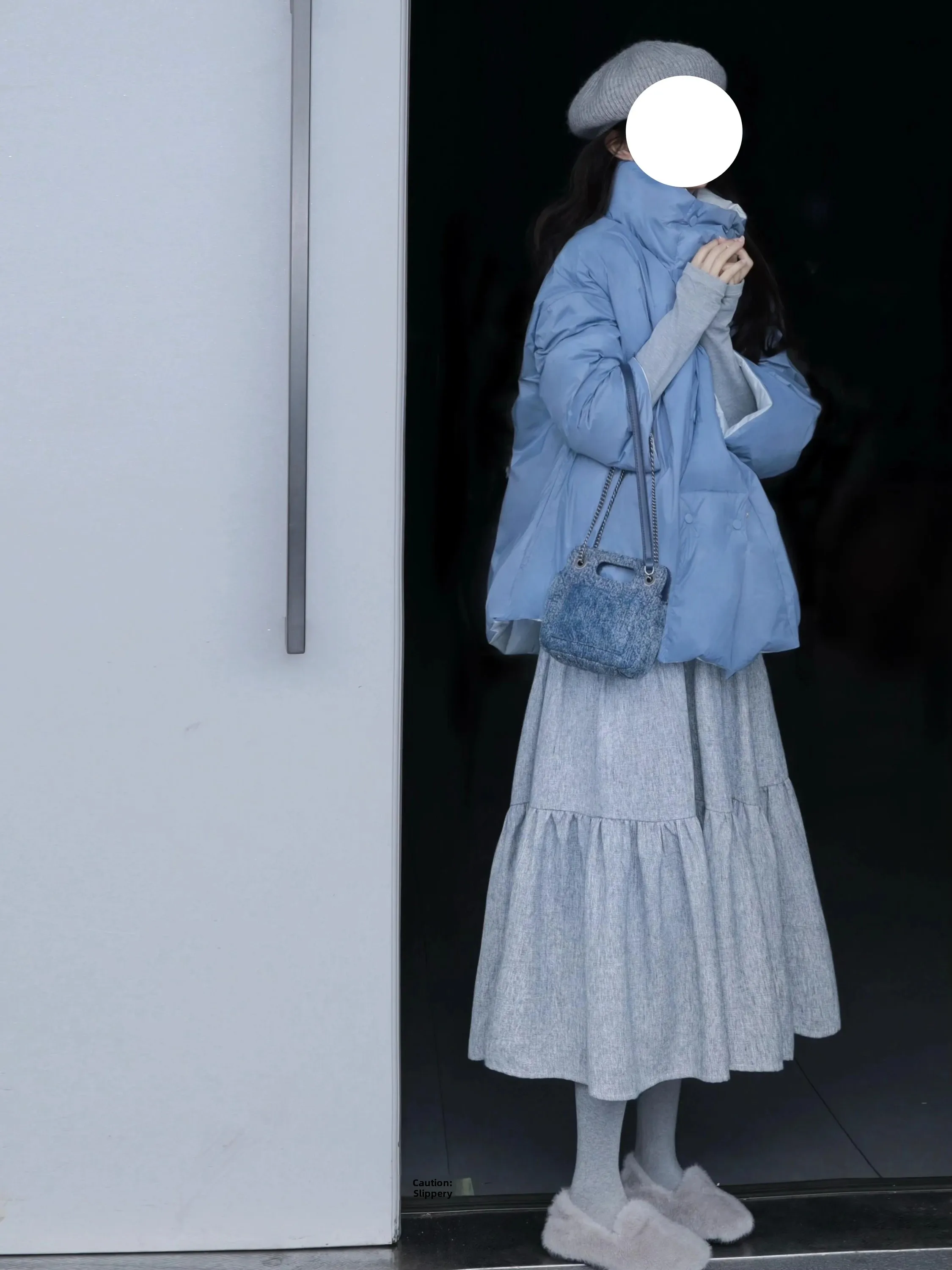 Retro Light Grey Mixed Color A-Line  Skirt Women's Autumn Winter Fashion Casual Cake Skirt High Waist Loose Fit Midi Dress