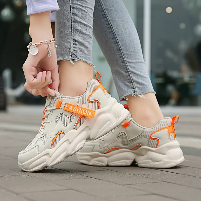 

New Thick-soled Height-increasing Lace-up Casual Solid Color All-season Large-sized Round-toe Sports Shoes for Women