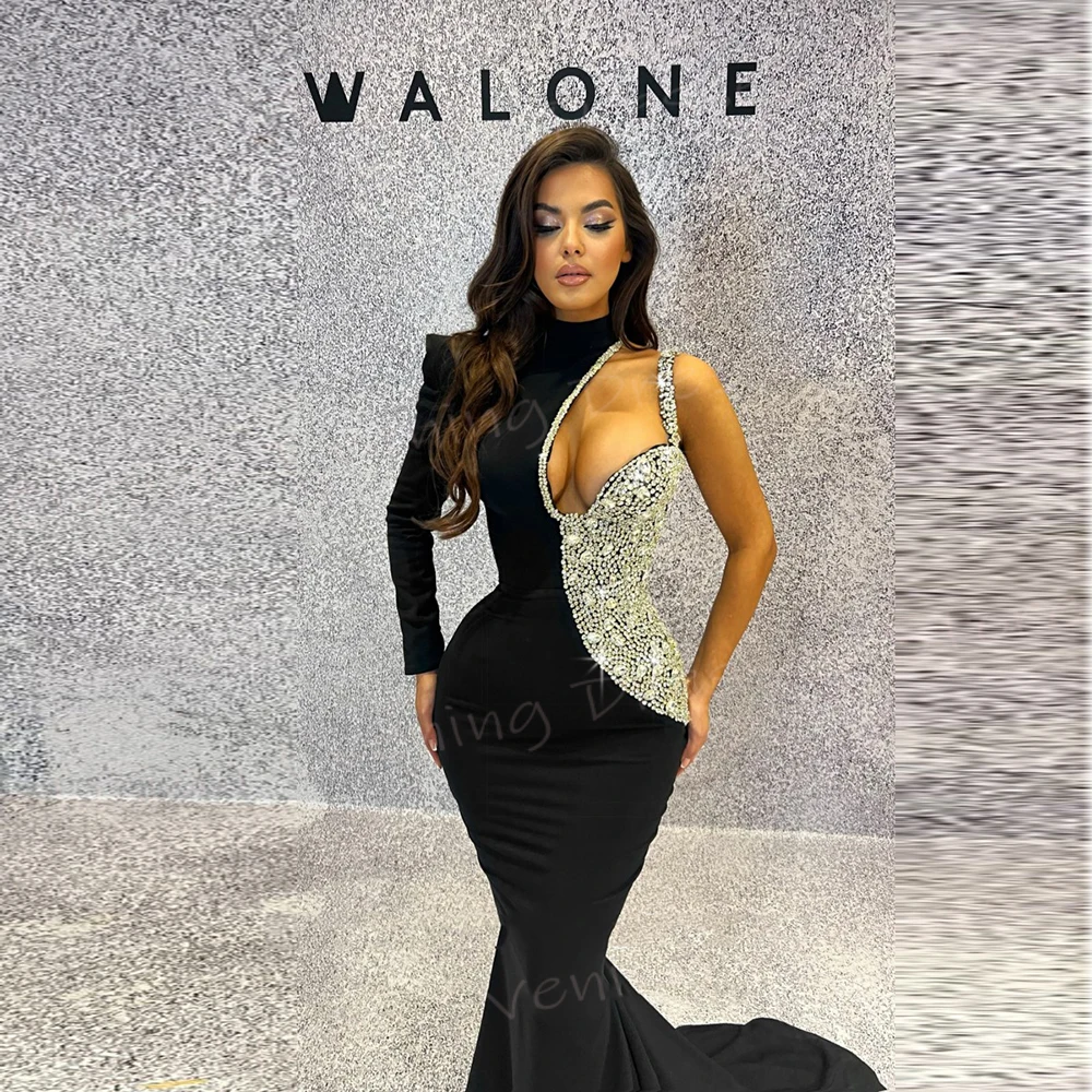 2025 Classic Black Women\'s Mermaid Sexy Evening Dresses High Neck One Shoulder Customized Prom Gowns Beaded فساتين حفلة موسيقية