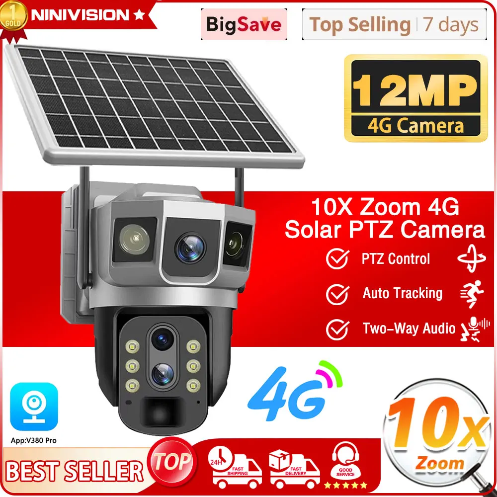 

4G SIM-камера с солнечной батареей, беспроводная PTZ-камера 4K 8MP HD с двумя объективами, 10-кратным зумом, для наружного видеонаблюдения, с автоматическим отслеживанием, на аккумуляторе, IP-камера