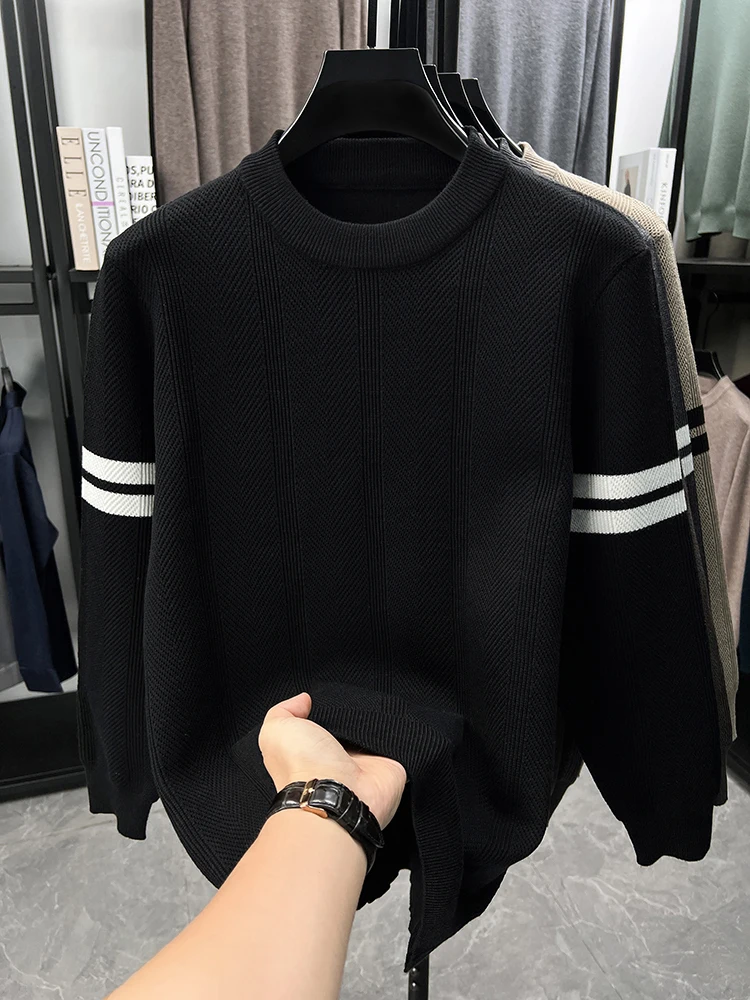 

High quality jacquard knitted round neck sweater fashion luxury brand striped decoration casual pullover soft comfort men's wear