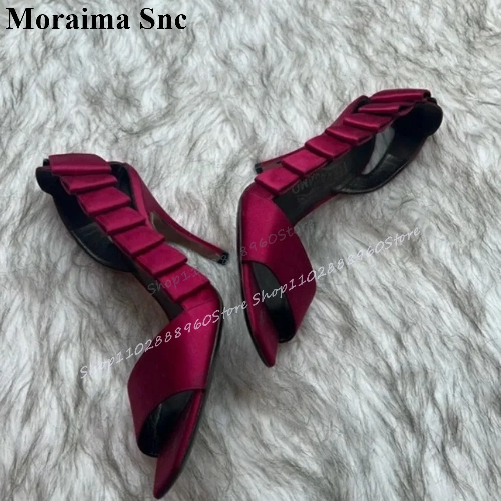 

Graceful Burgundy Satin Ruffles Shallow Sandals Thin High Heel Shoes For Women Slip On Peep Toe 2025 Fashion Zapatos Para Mujere