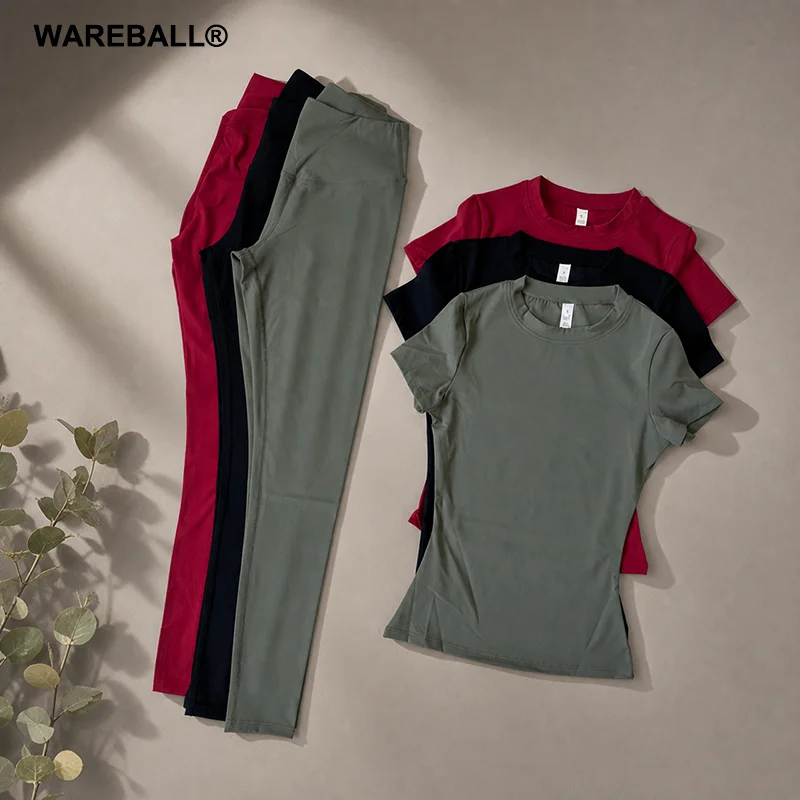 WAREBALL Yoga Set Women Sportswear Workout Clothes Athletic Wear Gym Legging Fitness Crop Top Short Sleeves Sports Suit