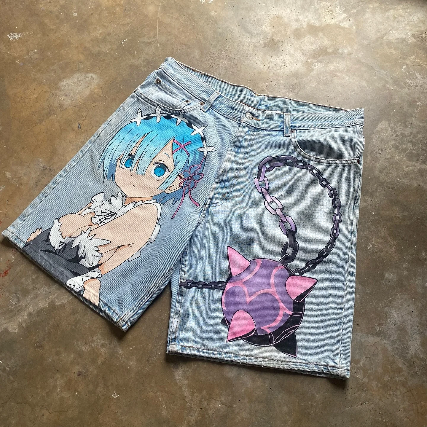 Beliebte Casual Rem Print Jogginghose Mode Y2k Baggy Jeans Breite Bein Denim Shorts Hosen Harajuku Streetwear Hosen Männer Kleidung