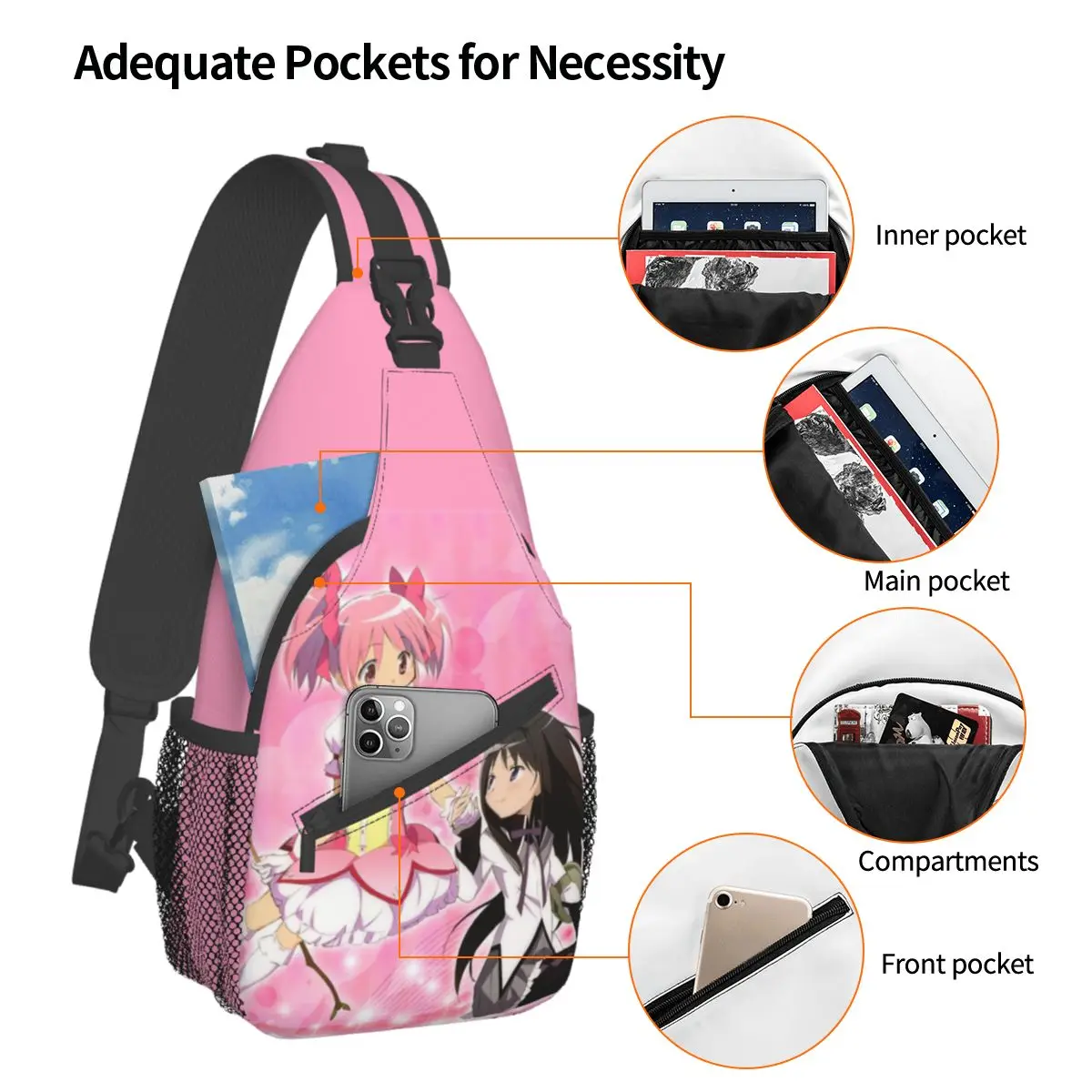 Puella Magi Madoka Magica Sling Bag pequeno, Mochila Crossbody Sling Shoulder, Mochila de esportes ao ar livre, Anime Homura Akemi legal